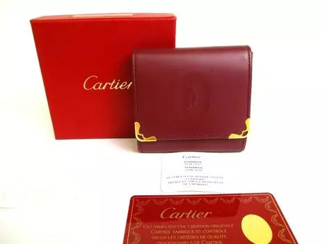 Подлинный кошелек для монет Cartier Must de Cartier цвета бордо из кожи #a252, восстановленный