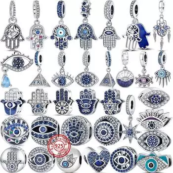Подлинный кулон из стерлингового серебра S925 с синими глазами демона в виде ладони, круглые бусины, подходит для оригинального браслета с подвесками, женские ювелирные изделия