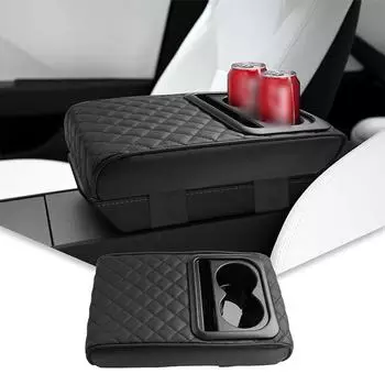Подлокотник для центральной консоли автомобиля с двумя подстаканниками, подлокотник из искусственной кожи, портативный чехол для подушки для подлокотника автомобиля, подушка для регулировки высоты one size чёрный