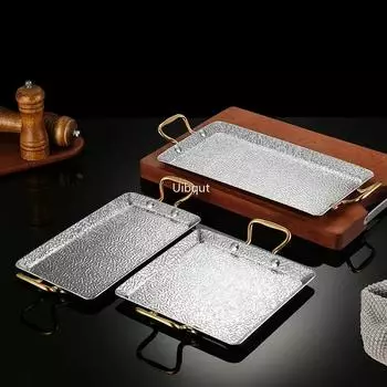 Поднос Creative 304 из нержавеющей стали с двойным ухом, мелкий, для барбекю, димсам, стейк, прямоугольная витрина для шведского стола, наборы тарелок и блюд