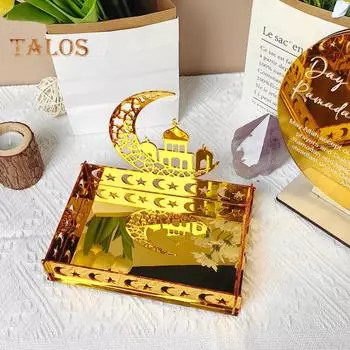 Поднос для десерта на праздник Ид, акриловое зеркало, луна, звезда, тарелка, исламский поднос, прямоугольный поднос для тортов, фиников, фруктов, печенья, кухонная корзина для хранения B