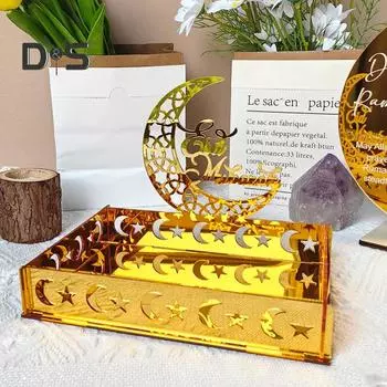 Поднос для десерта на праздник Ид, акриловое зеркало, луна, звезда, тарелка, исламский поднос, прямоугольный поднос для тортов, фиников, фруктов, печенья, кухонная корзина для хранения C