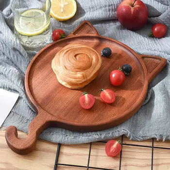 Поднос для еды, деревянная сервировочная тарелка, подставка для чая в форме кошки с бортиком, десертная тарелка, деревянная
