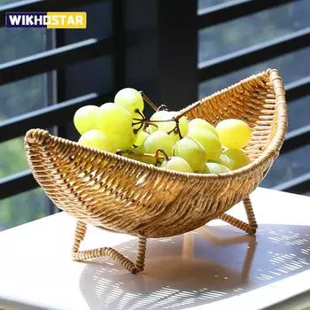 Поднос для фруктов из ротанга для журнального столика Тканая корзина для мелочей Поднос для фруктов из ротанга Корзина в форме полумесяца Пластиковая корзина для яиц из ротанга света кофе