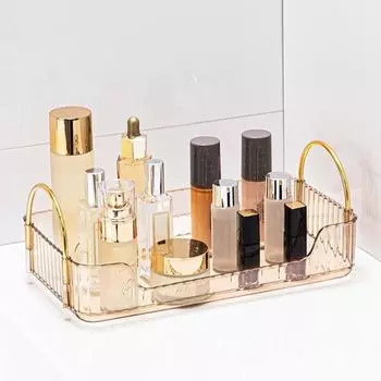 Поднос для хранения макияжа, большой вместительный органайзер для ванной комнаты с металлической ручкой, органайзер для столешницы для дома прозрачный