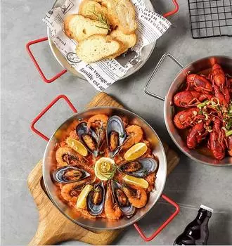 Поднос для испанской еды, тарелка для морепродуктов из нержавеющей стали с двойными ушками, блюда западной кухни, корейский картофель фри, тарелка для закусок из картофеля фри