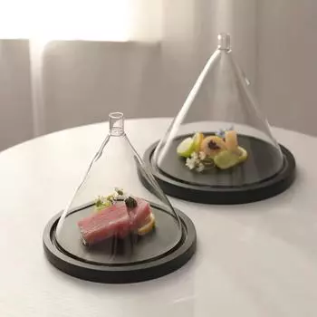 Поднос для основных блюд Конусная стеклянная крышка Деревянная тарелка Молекулярная кулинария Дымчатая прозрачная стеклянная демонстрационная тарелка Посуда