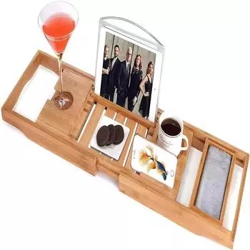 Поднос для ванны Utoplike из бамбука, поднос для ванны, регулируемый органайзер для ванной комнаты с книгой, планшетом, бокалом для вина, чашкой