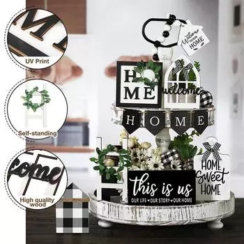 Поднос из дерева в деревенском стиле - очаровательный декор в деревенском стиле для дома, настольная экспозиция, акцент в стиле фермерского дома чёрный