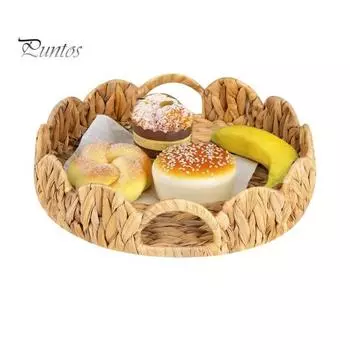 Поднос из плетеной ткани с зубчатым краем и ручками, круглый сервировочный поднос, легкая корзина из ротанга для организации хранения декора комнаты темно-коричневого