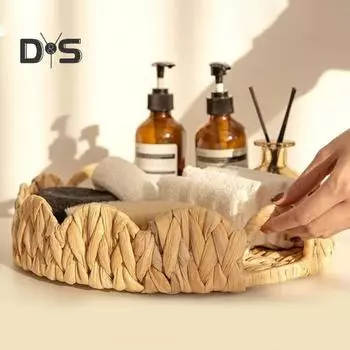 Поднос из плетеной ткани с зубчатым краем и ручками, круглый сервировочный поднос, легкая корзина из ротанга для организации хранения декора комнаты темно-коричневого