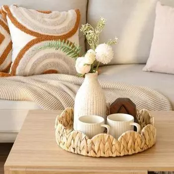 Поднос из плетеной ткани с зубчатым краем и ручками, круглый сервировочный поднос, легкая корзина из ротанга для декора комнаты