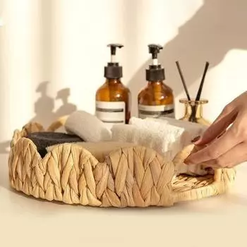 Поднос из плетеной ткани с зубчатым краем и ручками, круглый сервировочный поднос, легкая корзина из ротанга для организации хранения декора комнаты темно-коричневого