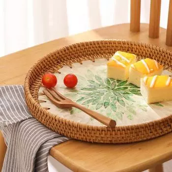 Поднос из ротанга ручной работы, фруктовая тарелка, креативный домашний журнальный столик для гостиной, рамка для хранения фруктов, тарелка для закусок и хлеба S темно-зеленого