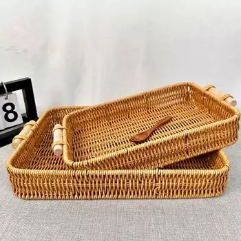Поднос из ротанга ручной работы, квадратная/круглая корзина для хранения на кухне, в офисе, для хлеба, еды, фруктов, торта, хранения всякой всячины