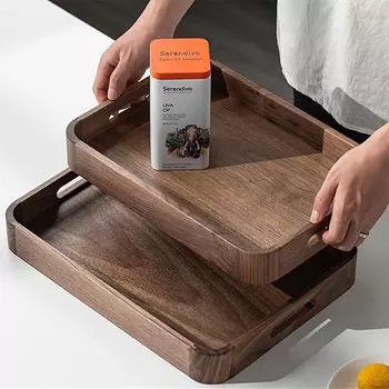 Поднос с ручкой из цельного дерева, прямоугольный поддон из европейского черного ореха, деревянная тарелка для фруктов, поднос для хранения домашних и гостиничных тарелок