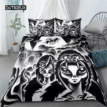 Пододеяльник Alien UFO Queen Boys Kids Сверхъестественные Марсианские Существа С Других Планет Голова Пришельца Полиэстеровый стеганый чехол US Queen(228x228cm)