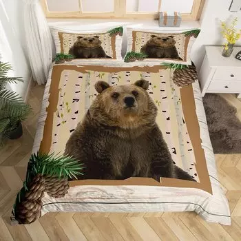 Пододеяльник Bear King Queen в деревенском стиле с изображением дикой природы, комплект постельного белья Pine Cone Farmhouse из дерева, полиэстеровое одеяло, чехол 70x133cm 2pcs