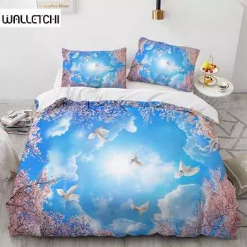 Пододеяльник Blue Sky King Queen с розовыми цветами и белой летящей птицей, комплект постельного белья для детей, подростков и взрослых, 3D-покрывало с изображением природного пейзажа EU single(135x200cm)