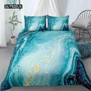 Пододеяльник Chic Marble Duvet Cover Microfiber Mint Gold Glitter Turquoise Комплект постельного белья Abstract Aqua Blue Quilt Cover Single Twin Full Size US King 264x228cm