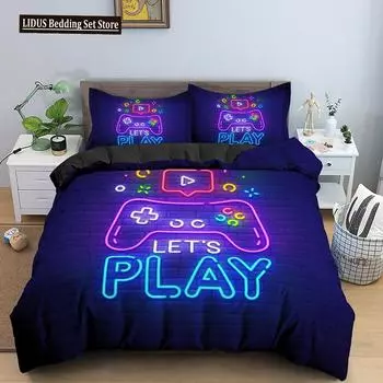 Пододеяльник для геймера, комплект постельного белья для геймпада, чехол для видеоигры, неоновый геймпад, геометрия, кирпичная стена, дизайн, пододеяльник EU single(135x200cm)