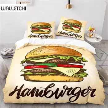 Пододеяльник для гурманов, комплект постельного белья с изображением бургеров, хот-догов, картофеля фри, пододеяльник из микрофибры, покрывало из микрофибры, украшение для спальни размера «king size» EU single(135x200cm)