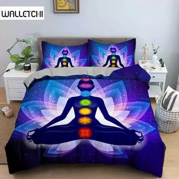 Пододеяльник для йоги King Queen Chakra Meditation Комплект постельного белья Blue Mandala Boho Hippie Style с Chakra Art Полиэстеровый пододеяльник EU single(135x200cm)
