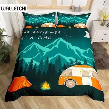 Пододеяльник для кемпинга из микрофибры Galaxy Stars Moon Happy Camping Одеяло для кемпинга Camper Truck Geometry Mountain Trees Комплект постельного белья EU single(135x200cm)