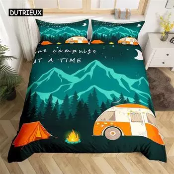 Пододеяльник для кемпинга из микрофибры Galaxy Stars Moon Happy Camping Одеяло для кемпинга Camper Truck Geometry Mountain Trees Комплект постельного белья EU single(135x200cm)