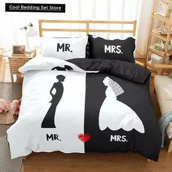 Пододеяльник для влюбленных пар King Queen с черно-белым принтом для взрослых, декор спальни ко Дню святого Валентина, пододеяльник US Queen(228x228cm)