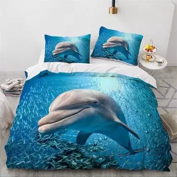 Пододеяльник Dolphin Ocean King Queen, милый комплект постельного белья с 3D изображением морских животных для детей, подростков, взрослых, косяк рыб, синий, 2/3 шт., пододеяльник 135x200cm 2pcs