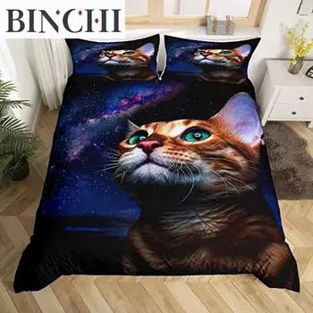 Пододеяльник Galaxy Cats для женщин и детей, комплект постельного белья с 3D-кошками, милый комплект постельного белья с изображением животных, чехол Galaxy Microfiber Quilt Cover EU single(135x200cm)