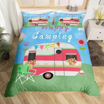 Пододеяльник Happy Camping Camper Комплект постельного белья Plants Outdoor Travel Adventure Одеяло Cover Camper Car Blue Sky Quilt Cover EU Single(135x200cm)