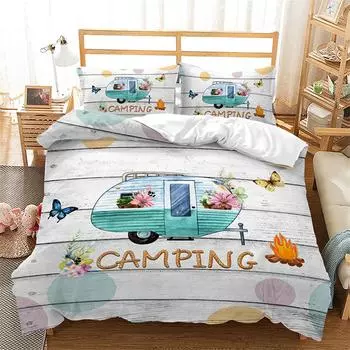 Пододеяльник Happy Camping из микрофибры для кемпинга, дорожная машина, дерево для детей, мальчиков, девочек, подростков, летняя тема для декора спальни 70x133cm 2pcs