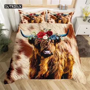 Пододеяльник Highland Cow Microfiber Western Farmhouse Animal Bedding Set Leopard Cow Skin Fur Floral Print Sheer Room EU single(135x200cm)