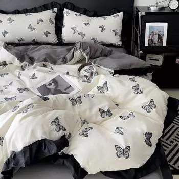 Пододеяльник из четырех частей чистого французского хлопка, стираный черный хлопковый с оборками по краю 1.5m bed