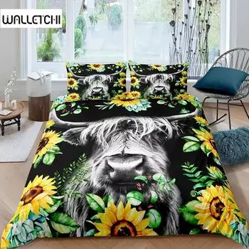 Пододеяльник из хайлендской коровы King Sunflower Black Cattle Комплект постельного белья из микрофибры Farm Animal Cow Western Farmhouse Cattle Пододеяльник из плотной ткани EU single(135x200cm)