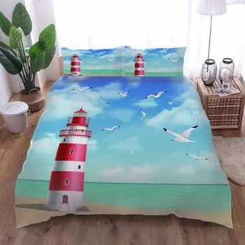 Пододеяльник из микрофибры с 3D-принтом «Пляжный маяк», двуспальная кровать, 1 пододеяльник на молнии и 2 наволочки, модный комплект постельного белья W90xL190cm