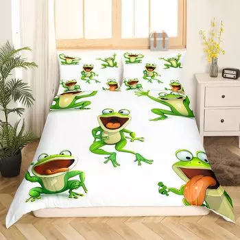 Пододеяльник Kawaii Frog King Queen Комплект постельного белья с изображением животных из мультфильмов Забавный дикий стеганый чехол для детской спальни Мягкий пододеяльник EU Single(135x200cm)