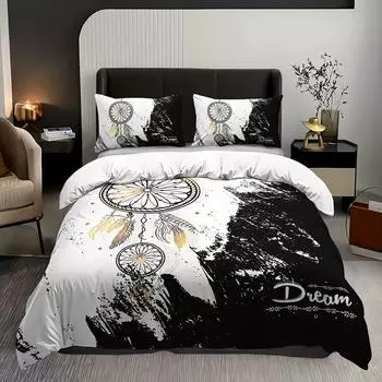 Пододеяльник Комплект постельного белья Черно-белый Ловец снов Мягкий пододеяльник для спальни, гостевой комнаты (1*Пододеяльник+2*Наволочки) 90X200cm 2PCS