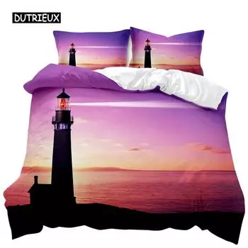 Пододеяльник Lighthouse Ocean, пододеяльник Nautical, покрывало Sunset Nature Double Queen King Size, комплект постельного белья из полиэстера EU single(135x200cm)