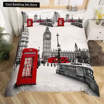 Пододеяльник «Лондонская телефонная будка» King Queen Постельное белье «Биг Бен» Ретро Соединенное Королевство Покрывало для пододеяльника Красный Серый Покрывало EU single(135x200cm)