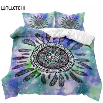 Пододеяльник «Ловец снов» с зелеными перьями, комплект постельного белья с зелеными полосками, полиэстеровый пододеяльник в индийском племенном стиле EU single(135x200cm)