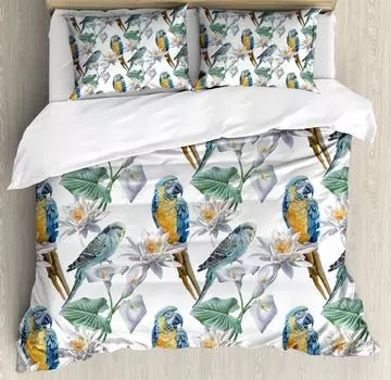 Пододеяльник Lunarable Parrots, реалистичные птицы на ветках, волнистый попугайчик и ара, декоративная тропическая дикая природа для комнаты взрослых 70x133cm 2pcs