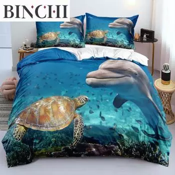 Пододеяльник «Морская жизнь» из микрофибры King Blue Ocean с рисунком дельфина и черепахи, комплект постельного белья для двоих в гавайском стиле для отдыха, пододеяльник EU single(135x200cm)