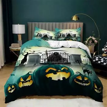 Пододеяльник на Хэллоуин Королева Король Мультфильм Тыква Одеяло Чехол Фонарь Постельное белье МикрофибраПризрак Одеяло Чехол для мальчиков и девочек 135x200cm 2pcs