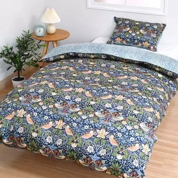 Пододеяльник nishikawa односпальный, стирающийся, хлопок Morris Gallery Strawberry Thief Легко надевать и снимать с помощью быстрых застежек Двусторонний Сделано в Японии тёмно-синий