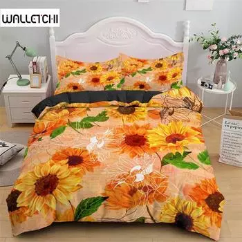 Пододеяльник Подсолнух Желтый Цветок Комплект постельного белья Фермерский Зеленый Листья Цветочный Покрывало для Женщин Девочек Украшения Для Спальни EU single(135x200cm)