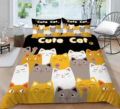 Пододеяльник Queen King Size Складной комплект постельного белья с принтом кота Luxuny с наволочкой Домашний текстиль UK Single 135x200cm