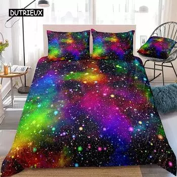 Пододеяльник Rainbow Galaxy, комплект постельного белья Rainbow, разноцветные звезды, космос, психоделический полиэстер, двуспальный размер Queen King Size US Queen(228x228cm)